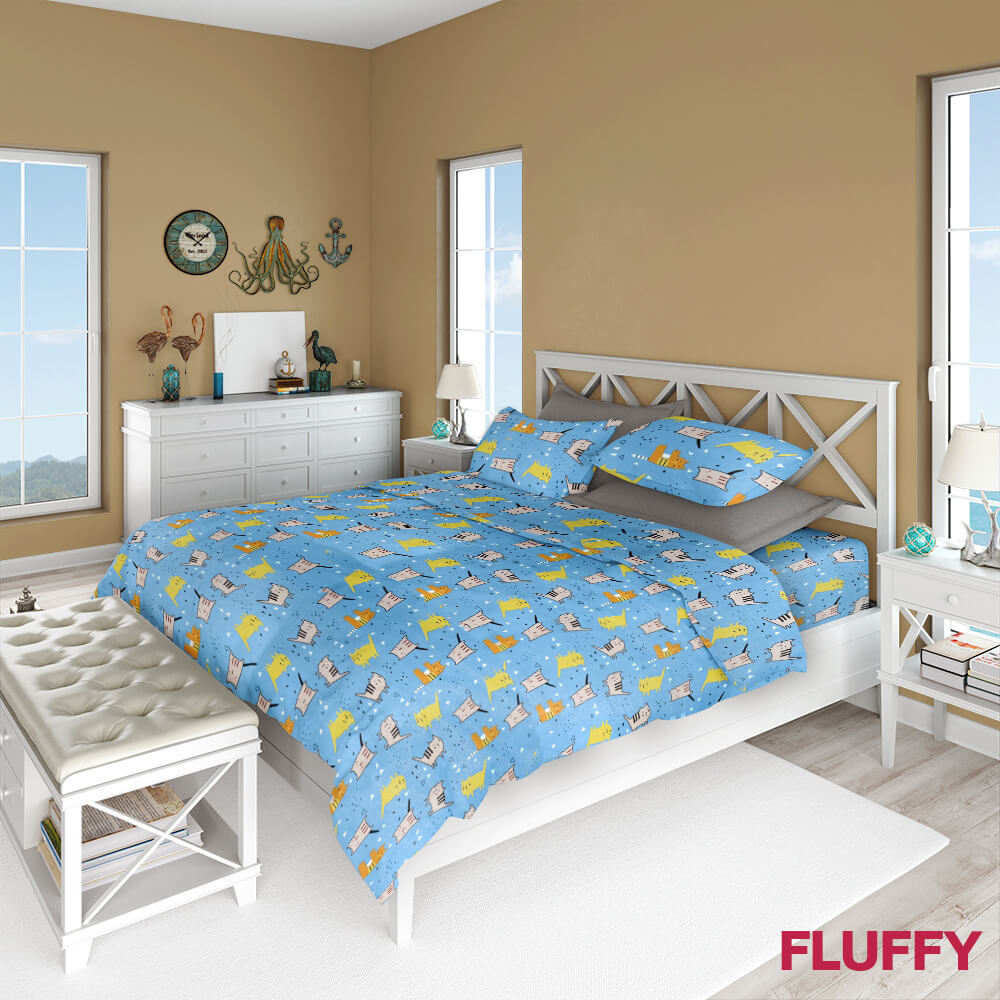 ชุดผ้าปูที่นอน 5 ฟุต 3 ชิ้น Fluffy คอลเลคชั่น Dreamy ลาย Cat Joy ไม่รวมผ้านวม